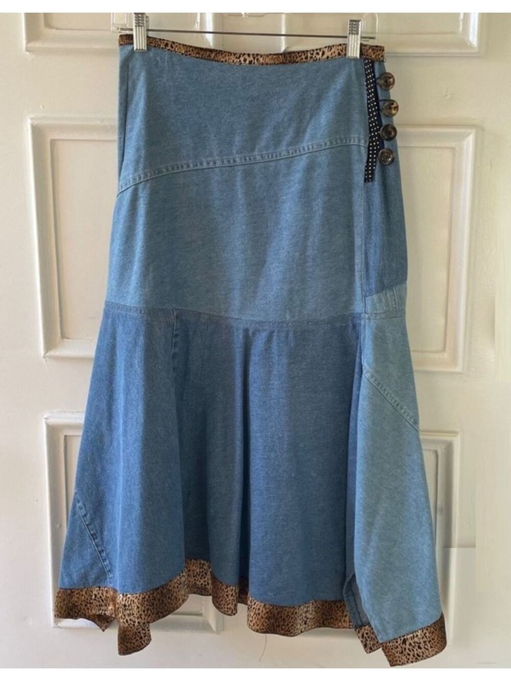 Womens One of a Kind Designer Made Denim Skirt with Leopard Print Trim Sz 2 - Picture 3 of 11